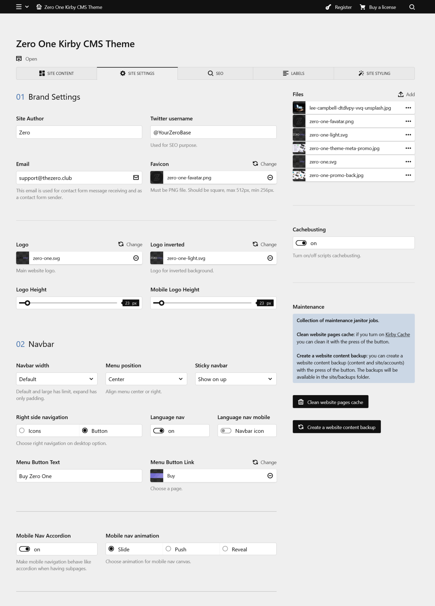 Site Settings panel